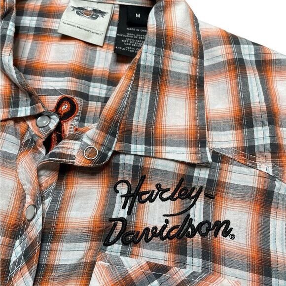 Harley-Davidson Short Sleeve Pearl Snap Button Down Shirt Orange Plaid Medium - Picture 4 of 6